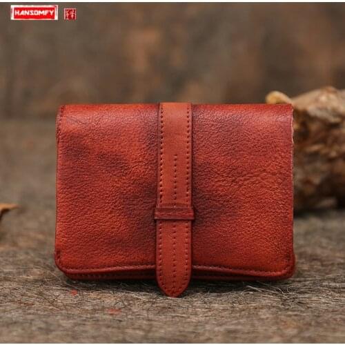 New Genuine Leather Short Wallet Women Folding Handmade Female Mini Coin Purse Card Holder Wallet Retro Leather Small Wallets