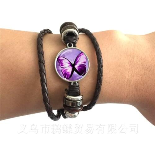 New Beautiful Purple Butterfly Bracelet Art Picture 20mm Glass Cabochon Dome Black/Brown 2 Color Leather Cords Adjustable Bangle