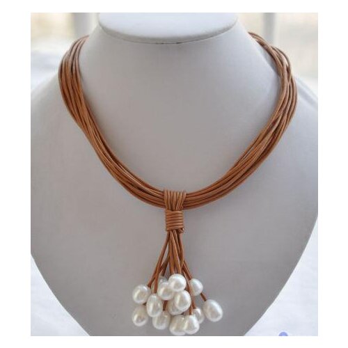Wholesale 15row 17" 13mm white rice pearl coffee leather grape necklace