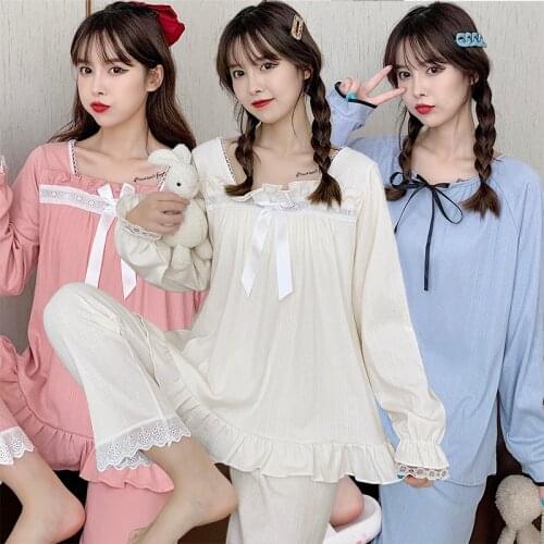 2021 Autumn Cotton Sweet Lace Princess Pajama Set for Women Long Sleeve Sleepwear Suit Pyjama Homewear Pijama Mujer Home Clothes