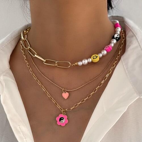 Boho Yin Yang Smiley Beaded Necklace For Women Pink Heart Pendant Asymmetry Pearl Choker Necklaces Femme Vacation Party Jewelry