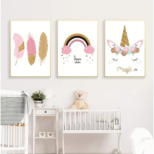 Pink Rainbow Cartoon Unicorn Canvas Painting Dream Rainbow Magic Poster Kids Room Girl Room Cute Wall Room Decoration Painting