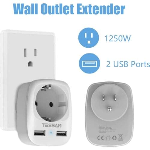 USB Wall Outlet Extender Power Strip with 2 USB Ports US Plug 100-250V Electrical Socket Portable Travel Adapter for Phone