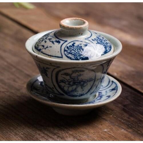 1PCS Vintage Small Blue and White Gaiwan Chinese Ancient Glaze Jingdezhen Teaset Teapot Bowl for Varied Tea Porcelain Drinkware