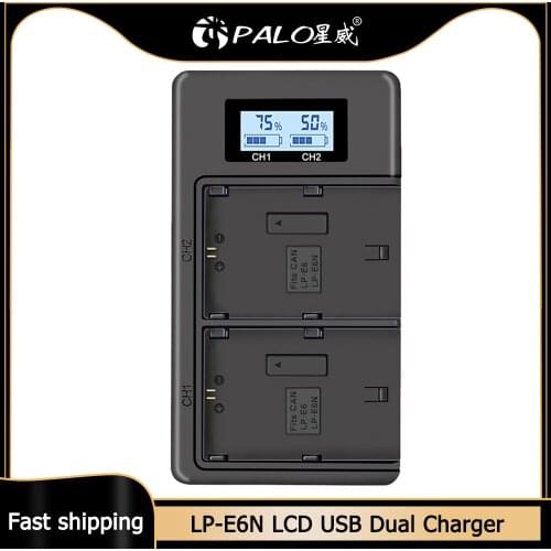 PALO LP-E6 LP-E6N LP E6 Battery + LCD USB Dual Charger for Canon EOS 6D 7D 5D Mark II III IV 60D 60Da 70D 80D 5DS R XC10 Charger