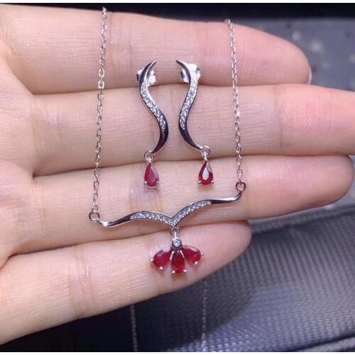 Fashion wave water drop Natural red ruby Pendant Earrings Natural Gemstone Jewelry Set S925 Silver Women wedding gift jewelry