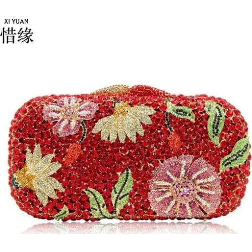 Luxury pink diamond flower rhinestone bag red crystal vintage evening clutches women handbag women wedding party wallet purs