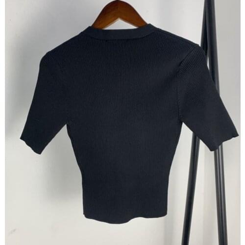 Women Cardigan Summer Thin V-Neck Short Sleeve Buttons Solid Knitted Slim Elegant High Street Chic M