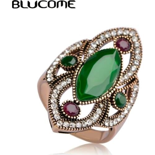 Blucome New Turkey Style Large Size Wide Ring Mosaic Green Resin Crystal Flower Women Engagement Rings For Party Accessories
