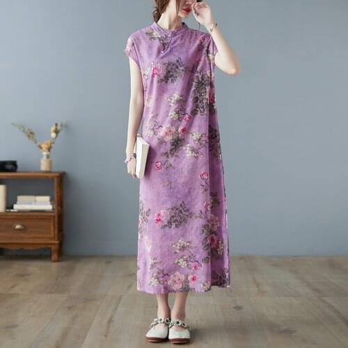 Thin Soft Cotton Linen Short Sleeve Loose Women Casual Summer Dress 2021 New Arrival Print Floral Beading Chinese Style Dress