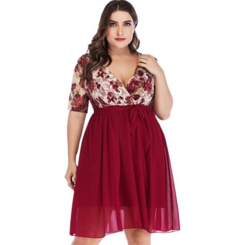2021 Summer Fashing Sexy Plus Size Red Party Tulle Dress 5XL Women Deep V Neck Rose Lace Chiffon Slim Printed Vintage Dress