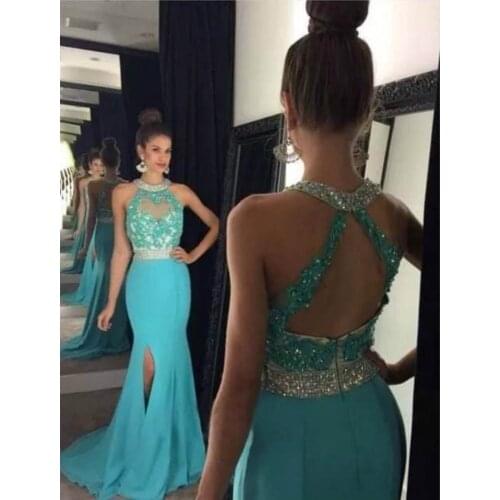 Turquoise New Prom Dresses Halter Top Backless Mermaid Evening Party Gowns With Beading Vestido De Fiesta Gala Sleeveless Gown