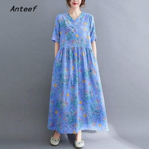 Short sleeve plus size cotton linen vintage floral dresses for women casual loose long woman summer dress elegant clothes 2021