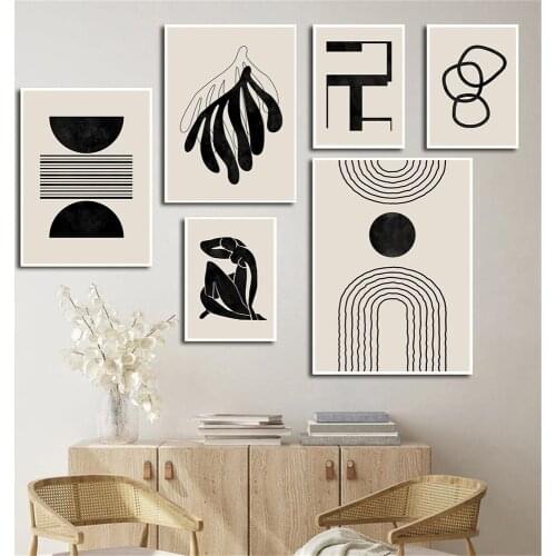 Abstract Geometry Arch Wall Art Poster Women Yoga Art Print Black Thick Line Drawing Canvas Painting Beige Pictures Home Decor