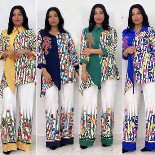 African Clothes For Women 2 Piece Set 3/4 Sleeve Shirt Tops Outfits Fashion Floral Striped Splice African Office Lady Pant Suits