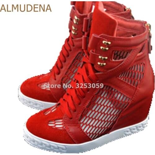 ALMUDENA Girls Red Lemon Patchwork Breathable Hollow Out Sneakers 8cm Wedge Heel Height Increasing Ankle Boots Leisure Shoes