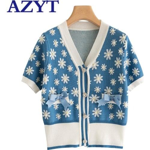AZYT 2021 Floral Print Knit Cardigan T Shirt Women Summer V Neck Short Sleeve Tees Crop Tops Female Casual Camisetas de Mujer