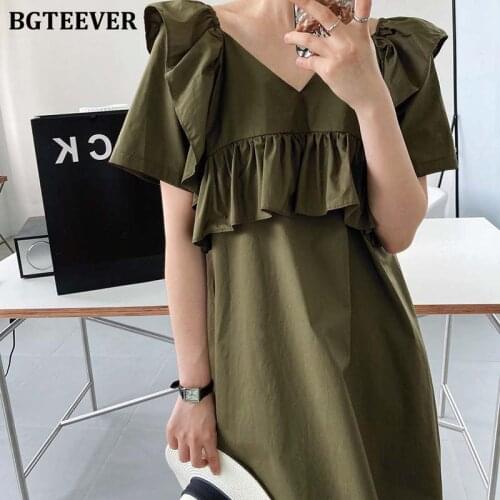 BGTEEVER Vintage Ruffles Loose V-neck Women Solid Dress Short Sleeve Ladies Mini Vestidos 2021 Summer Female Straight Dress
