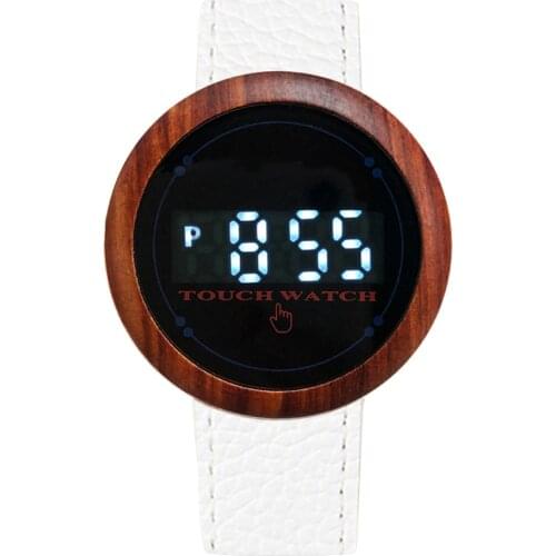 LED Digital Display Wooden Men Watches Electronic Genuine Leather Wood Watch Touch Screen Mens Creative Timepiece