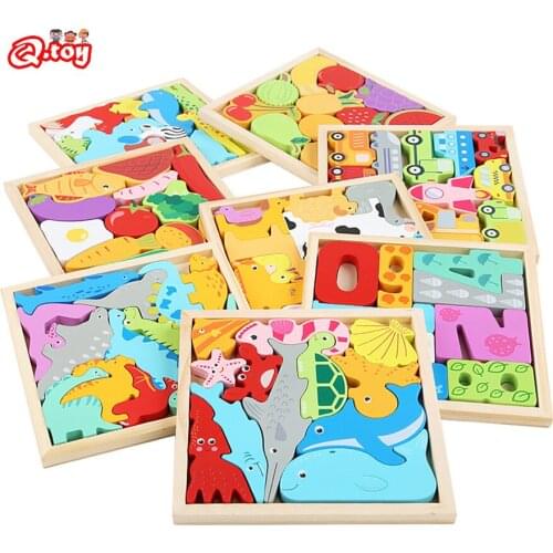 Montessori Wooden Cartoon Animal 3D Jigsaw Puzzle Cognitive Matching Stacking Educational Toys for Children Juguetes Learning