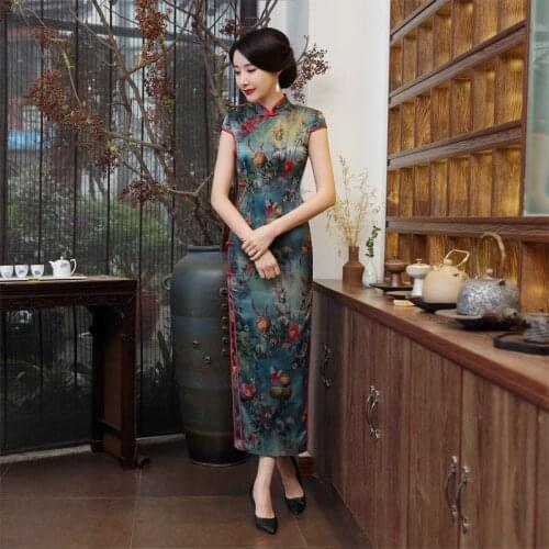 Long Banquet Dress Spring Cheongsam Printed Fragrant Cloud Yarn Fashion Show Long Cheongsam Beautiful Long Qipao Women Clothin