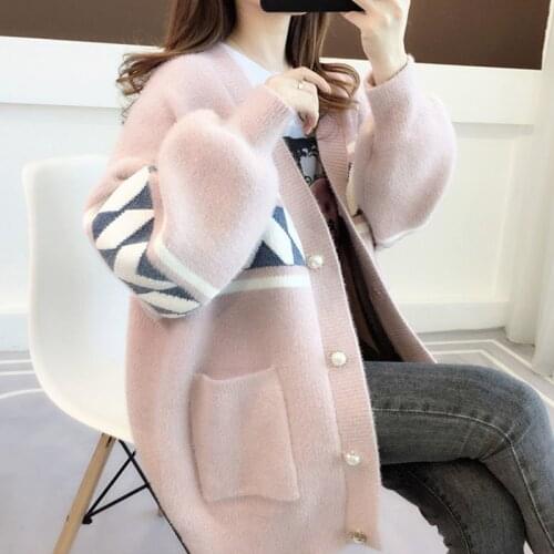 Imitation Mink Velvet Jacket Women Spring Autumn Sweater Loose Plus Size Knitted Cardigan Coat V-Neck Windbreaker Female Outwear