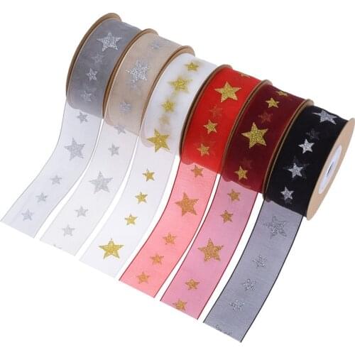 10Meters/roll 25Mm Pentagram Printed Organza Christmas Ribbon for Diy Craft Gift Box Bouquet Packing Xmas Party Decoration