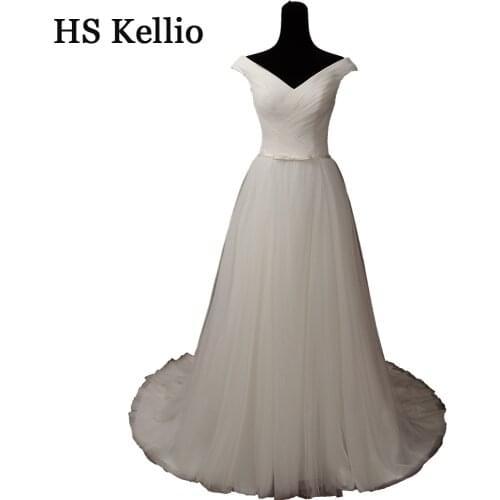 Summer Simple Vneck Pleated Wedding Dress A Line With Satin Belt HS Kellio