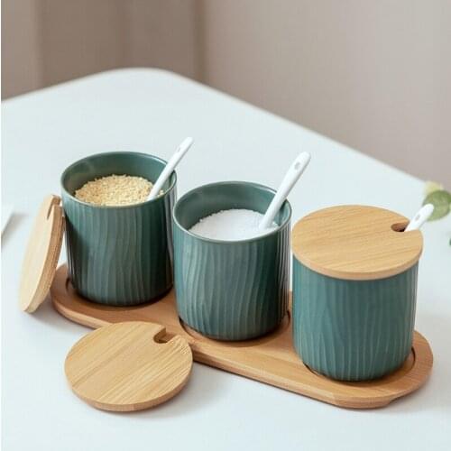 Nordic Ceramic Kitchen Seasoning Pot Three-piece Set with Wooden Tray Simple Salt Sugar Pepper Jar Seasoning Chicken Essence Box