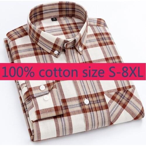New Fashion Super Large 100% Cotton Plaid Long Sleeve Shirt Men Summer Casual Casual Shirts Turn-down Collar Plus Size M-7XL 8XL