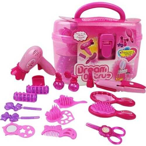 New Design Children Pretend Play Toy Set Hairdressing Cosmetics Bag Hair Dryer Comb Hairpin Funny Toy Girls Gift
