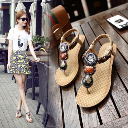 String Bead Rhinestone Inlaid Gladiator Women Sandals Wedges Ladies Elegant Fashion Casual Heels Summer Shoes Footwear For Girl