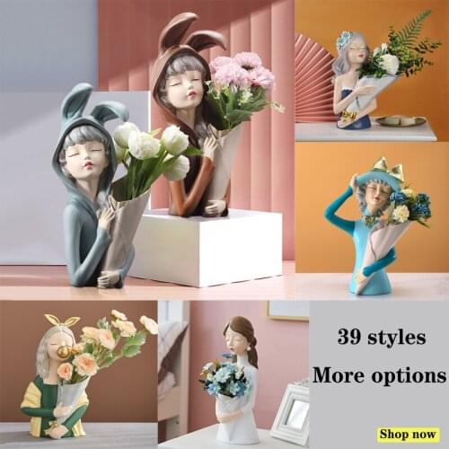 39 Styles Modern Girl Vase Resin Ornaments Home Living Room Figurines Crafts Office Desktop Flower Arrangement Statue Decoration