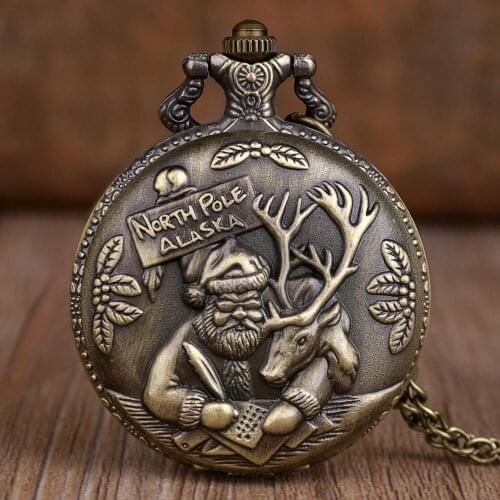 Vintage Bronze Quartz Pocket Watch Men Women Santa Claus Pendant Necklace Clock Christmas Gift