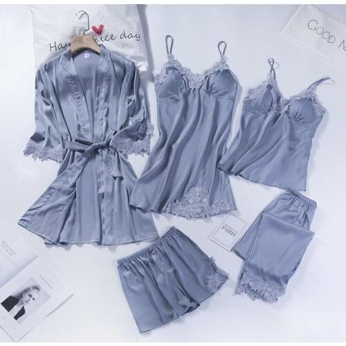 High Quality 5pcs Women Sleepwear Home Wear Lace Solid Full Pants Silk Embroidery Satin Clothing Sleeveless Nightwear Pajama Set