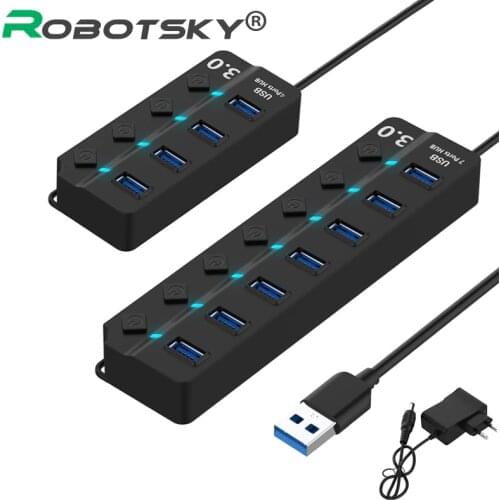 High Speed USB 3.0 HUB 4 / 7 Port USB3.0 Hub Splitter On/Off Switch LED Indicator with EU/US Power Adapter for MacBook Laptop PC