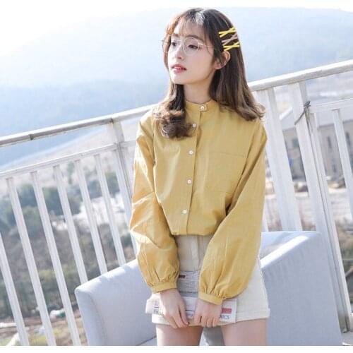 2021 Spring Autumn Blouse Women Long Lantern Sleeve Button Up Stand Solid White Shirt Office Lady Fashion Korean Style Tops D38