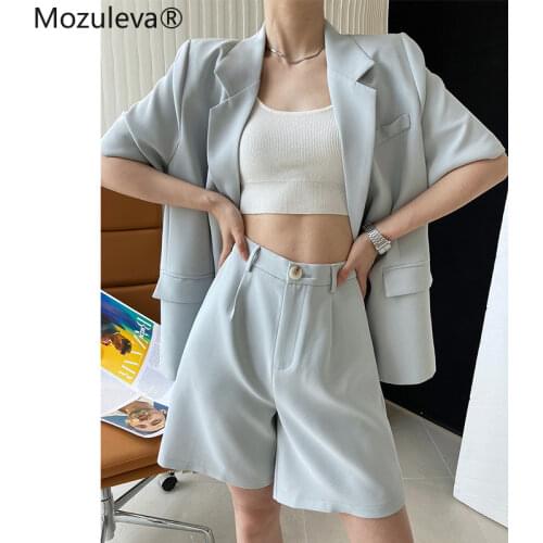 Mozuleva 2021 Women Blazer Sets Summer Elegant Ladies Shorts Suits Notched Collar Short Sleeve Jackets & Elastic Waist Shorts