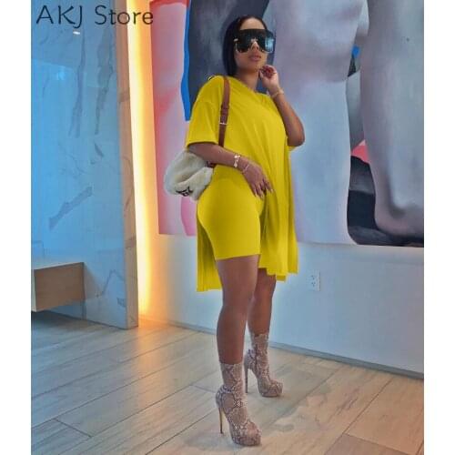 Two Piece Set Ladies Outfits Crop Top Shorts Sexy High Slit Tank Top & Skinny Shorts Set