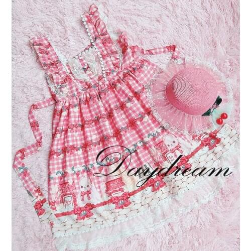 Strawberry Rabbit Womens Lolita JSK Dress Cute Summer Lace Sleeveless Suspender Dress One Piece Pink & Red