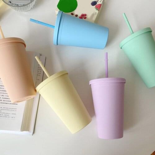 16oz Candy Color Anti-fouling Double-layer Plastic Frosted Straw Drinking Cup Coffee Cup Plastic Frosted Ready-to-hand Water Cup