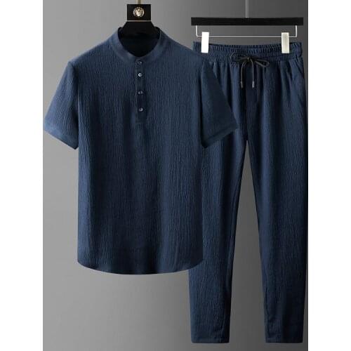 2021 Navy Mens Sets (t-shirt+pants) Luxury Short Sleeve Summer Thin Male Sets Plus Size 4xl Fashion Slim Fit Casual Man Sets