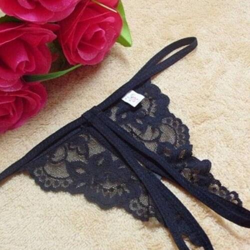 2021 Ladies Lace Sexy Underwear Erotic Open Crotch Hollow Low Waist Sexy Thong Solid Color Black Bow Short Transparent Thong
