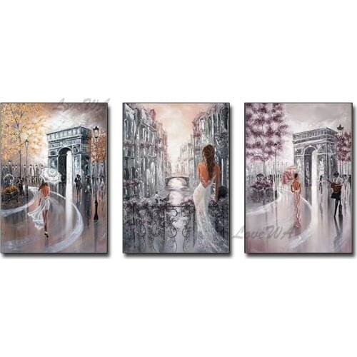 Pure Handmade 3 Panels Modern Home Decor Sexy Woman Portrait Oil Painting Paris Street Scenery Canvas Wall Art Flower Artwork