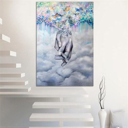 Butterfly Finger Art Canvas Painting Hang In Hand Lover Wall Art Posters Prints Wall Picture for Living Room Wall Home Frameless