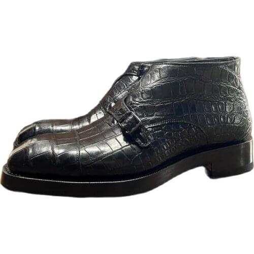 Sipriks Luxury Crocodil Skin Ankle Boots Mens Rubber Soled Shoes Handmade Goodyear Welted Short Zip Boots Double Monk Straps 44