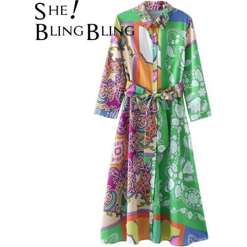 SheBlingBling Long Shirt Dress Chic Print Three Quarter Sleeve Button Front High Waist Casual Women Midi Dress with Sashes Green