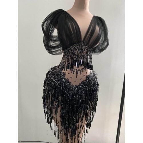 Dancer Stretch Skinny Nude Romper Celebration DJ Singer Stage Jumpsuit Women Sexy Mesh Tassel Sequin Bodysuit
