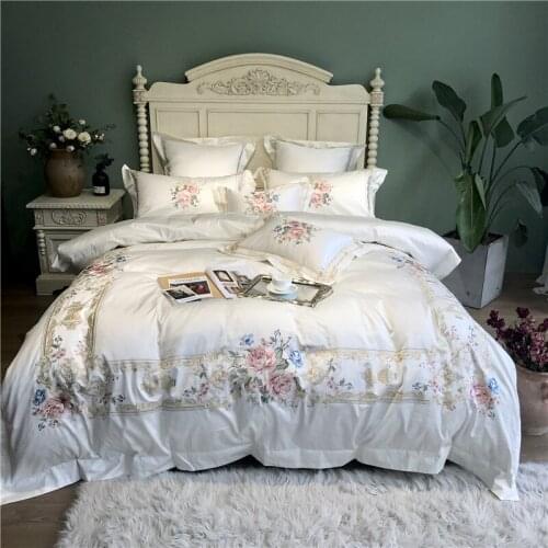 New White Blue Pink Luxury Flowers Embroidery 100S Egyptian Cotton Palace Bedding Set Duvet Cover Bed sheet/Linen Pillowcases