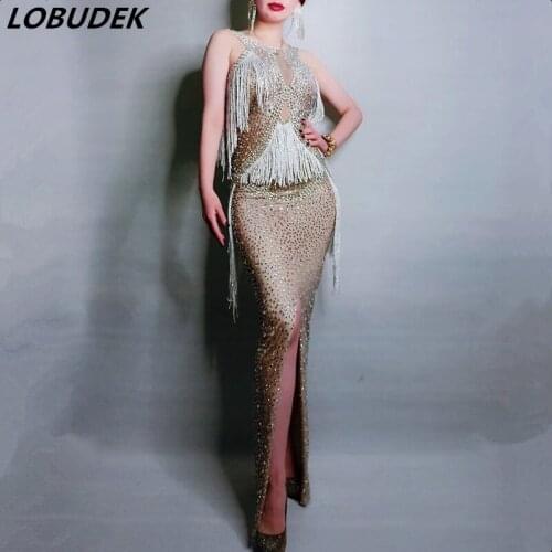 Summer Sleeveless Rhinestones Tassels Long Dress Women Crystals Fringes Skinny Dress Prom Birthday Concert Singer Host Costume